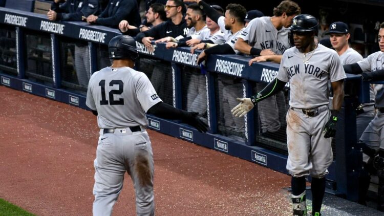 Trent Grisham and Jazz Chisholm Jr, celebrate after a run in the Yankees' 5-7 win over the Guardians in Cleveland, June 08, 2026.