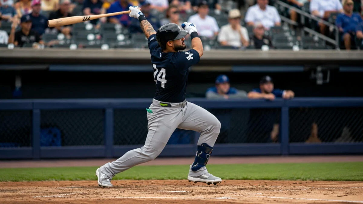 Yankees' OF Jasson Dominguez hits during his rehab with the Triple-A RailRiders on June 9, 2026.
