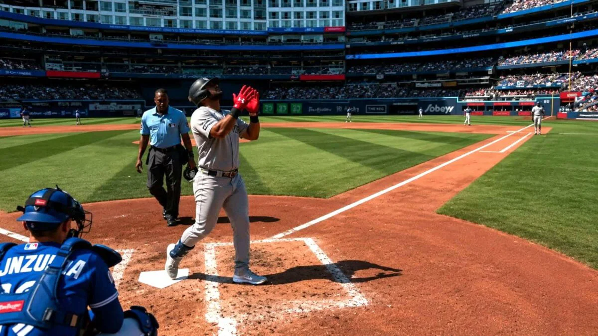 Jasson Dominguez reacts after his home run began Yankees' comeback 3-1 win over the Blue Jays, Toronto, June 13, 2026.