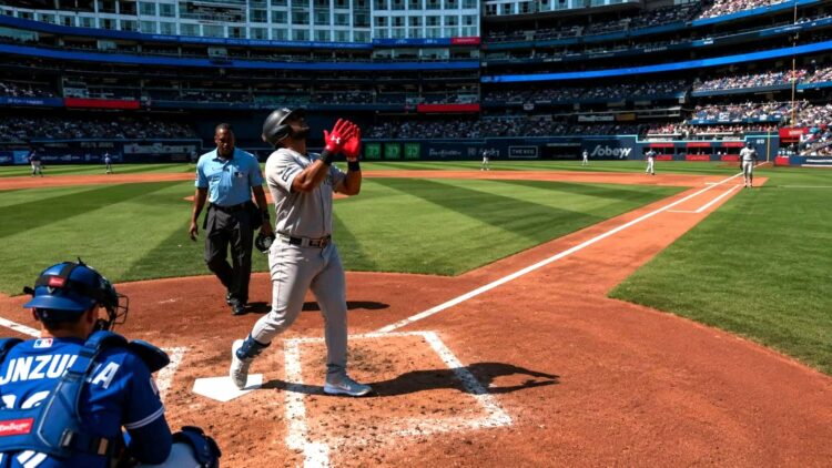 Jasson Dominguez reacts after his home run began Yankees' comeback 3-1 win over the Blue Jays, Toronto, June 13, 2026.
