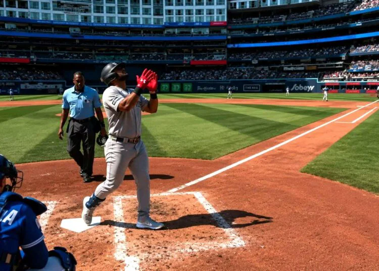 Jasson Dominguez reacts after his home run began Yankees' comeback 3-1 win over the Blue Jays, Toronto, June 13, 2026.