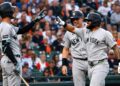 Jasson Dominguez is with Ben Rice and Cody Bellinger after hitting a home run off Tarik Skubal in the Yankees' 4-2 win over the Tigers, Detroit, Jun 24, 2026.