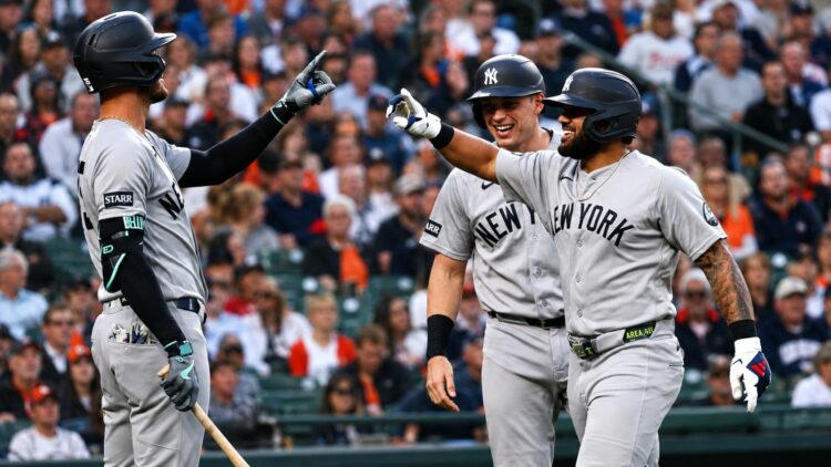 Jasson Dominguez is with Ben Rice and Cody Bellinger after hitting a home run off Tarik Skubal in the Yankees' 4-2 win over the Tigers, Detroit, Jun 24, 2026.