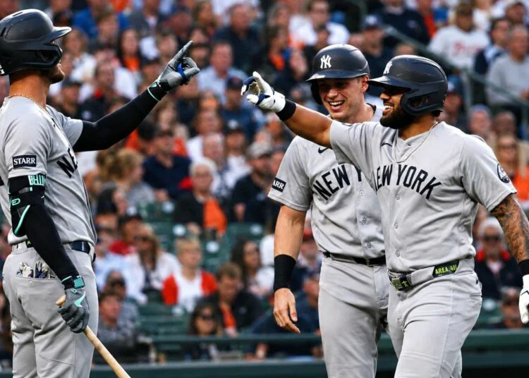 Jasson Dominguez is with Ben Rice and Cody Bellinger after hitting a home run off Tarik Skubal in the Yankees' 4-2 win over the Tigers, Detroit, Jun 24, 2026.