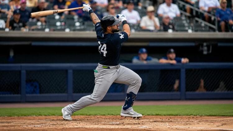 Yankees' OF Jasson Dominguez hits during his rehab with the Triple-A RailRiders on June 9, 2026.