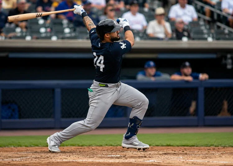 Yankees' OF Jasson Dominguez hits during his rehab with the Triple-A RailRiders on June 9, 2026.