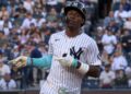 Jazz Chisholm reacts after his home run in the Yankees' 5-4 loss to the Guardians in New York, June 3, 2026.