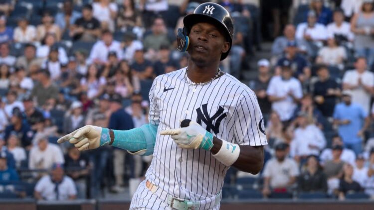 Jazz Chisholm reacts after his home run in the Yankees' 5-4 loss to the Guardians in New York, June 3, 2026.