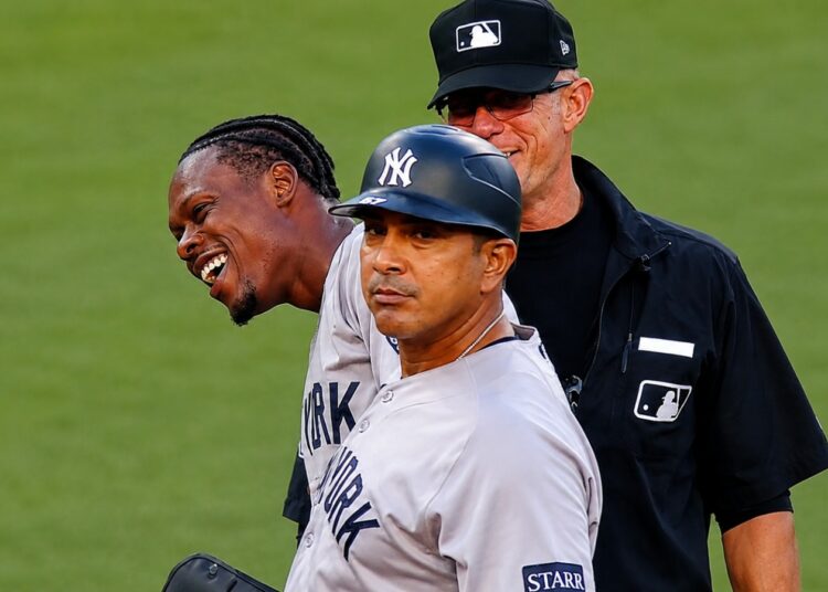 Jazz Chisholm reacts after stealing the third base during the fourth in the Yankees' 4-3 win over the Tigers, Detroit, Jun 23, 2026.
