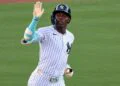 Jazz Chisholm reacts after his home run in the Yankees' 5-4 loss to the Guardians in New York, June 3, 2026.
