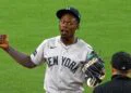 Jazz Chisholm reacts after his tag of Jarren Duran was rejected in the Yankees' 6-1 loss to the Red Sox, Boston, Jun 27, 2026.