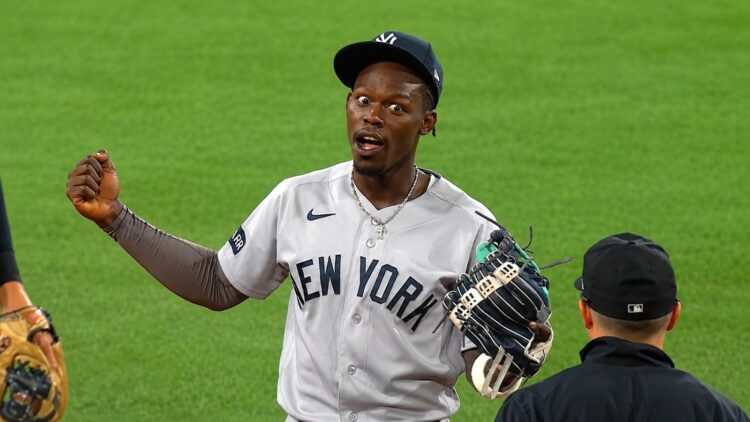 Jazz Chisholm reacts after his tag of Jarren Duran was rejected in the Yankees' 6-1 loss to the Red Sox, Boston, Jun 27, 2026.