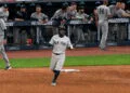 Jazz Chisholm celebrates after his home run in the eight helped the Yankees' beat the Guardians 3-2 in Cleveland, June 9, 2026.