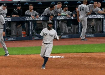 Jazz Chisholm celebrates after his home run in the eight helped the Yankees' beat the Guardians 3-2 in Cleveland, June 9, 2026.