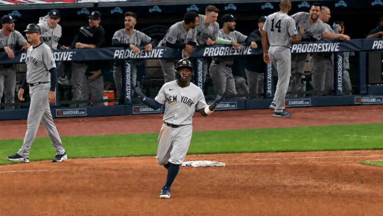 Jazz Chisholm celebrates after his home run in the eight helped the Yankees' beat the Guardians 3-2 in Cleveland, June 9, 2026.