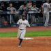 Jazz Chisholm celebrates after his home run in the eight helped the Yankees' beat the Guardians 3-2 in Cleveland, June 9, 2026.