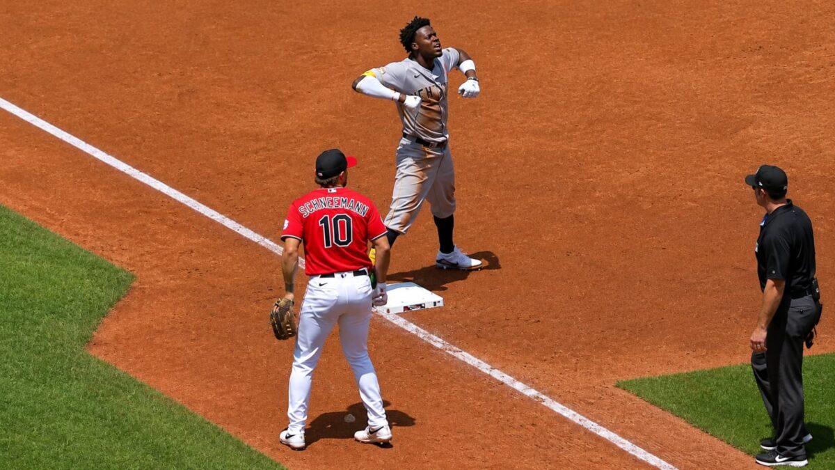 Jazz Chisholm celebrates after a hurried triple in the Yankees' 8-4 win over the Guardians in Cleveland, June 10, 2026.