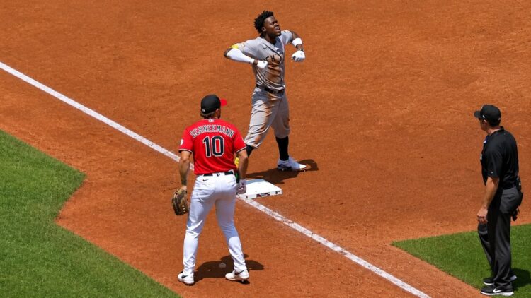 Jazz Chisholm celebrates after a hurried triple in the Yankees' 8-4 win over the Guardians in Cleveland, June 10, 2026.