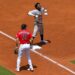 Jazz Chisholm celebrates after a hurried triple in the Yankees' 8-4 win over the Guardians in Cleveland, June 10, 2026.