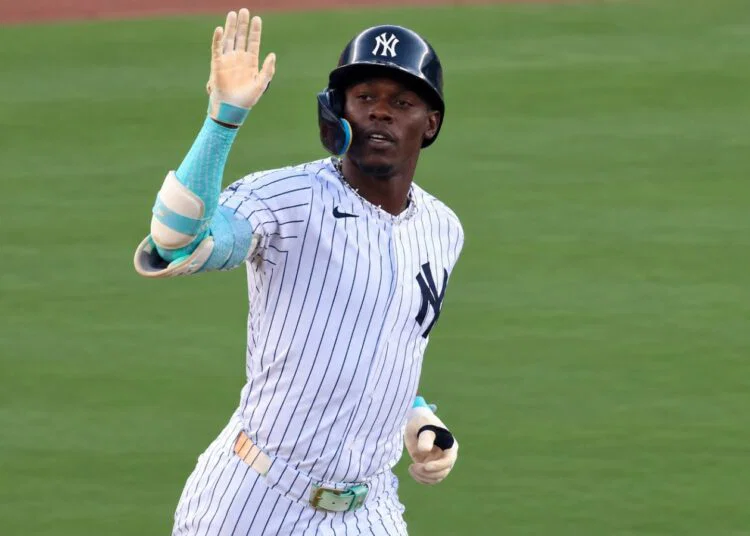 Jazz Chisholm reacts after his home run in the Yankees' 5-4 loss to the Guardians in New York, June 3, 2026.