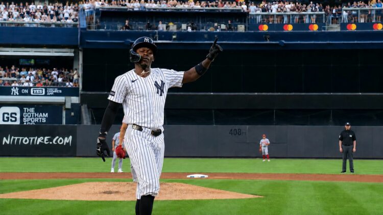 Jazz Chisholm Jr. points finger to the dugout after his home run in the Yankees' 5-0 win over the Reds, New York, June 19, 2026.