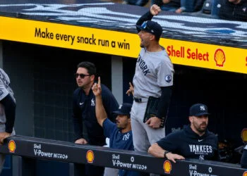 J Escarra and dugout react to the Goldschmidt's home run in the ninth in the Yankees' 3-1 win over the Blue Jays, Toronto, June 13, 2026.