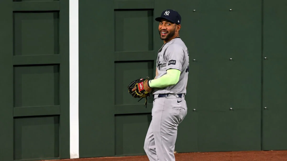 Jose Caballero reacts after a running catch on Wilyer Abreu's drive in the Yankees' 6-3 loss to the Red Sox, Boston, Jun 26, 2026.