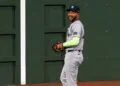 Jose Caballero reacts after a running catch on Wilyer Abreu's drive the Yankees' 6-3 loss to the Red Sox, Boston, Jun 26, 2026.