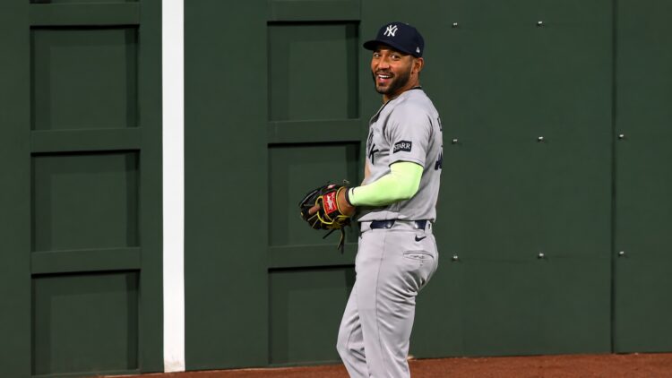 Jose Caballero reacts after a running catch on Wilyer Abreu's drive in the Yankees' 6-3 loss to the Red Sox, Boston, Jun 26, 2026.