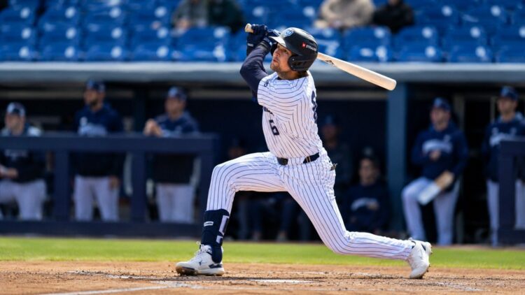 Giants legend Jeff Kent’s son Kaeden Kent is hitting at a game for Hudson Valley Renegades in May , 2026.