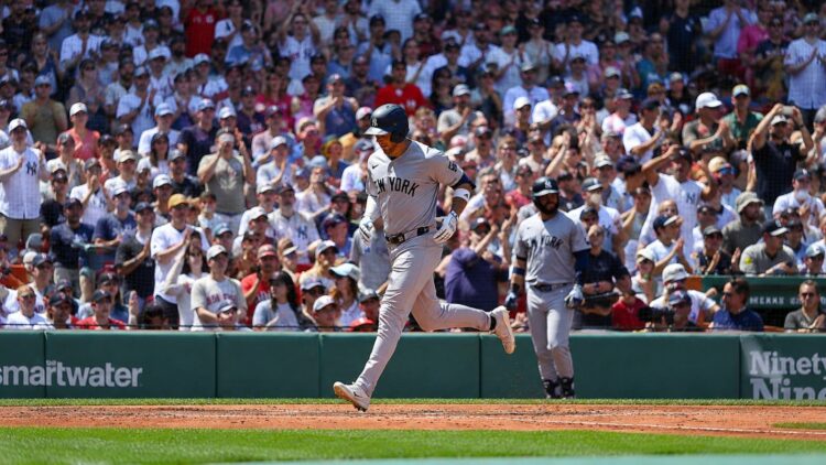 Max Schuemann rounds bases after hitting a home run in the Yankees' 4-1 loss to the Red Sox, Boston, Jun 27, 2026.