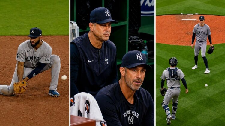 Aaron Boone reacts and Yankees defensive mistakes the 6-3 loss to the Red Sox, Boston, Jun 26, 2026.