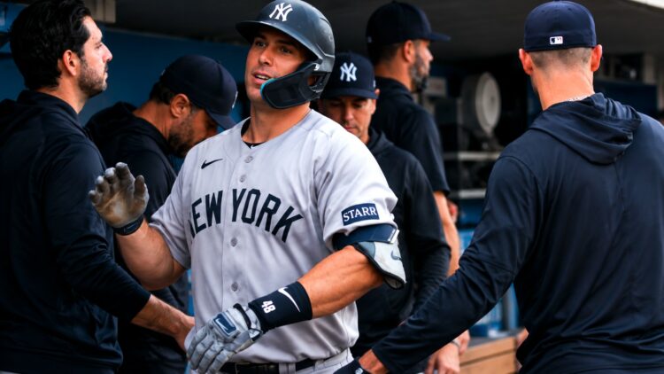 Paul Goldschmidt celebrates in dugout after hitting his second home run in the Yankees' 4-2 win over the Tigers, Detroit, Jun 24, 2026.