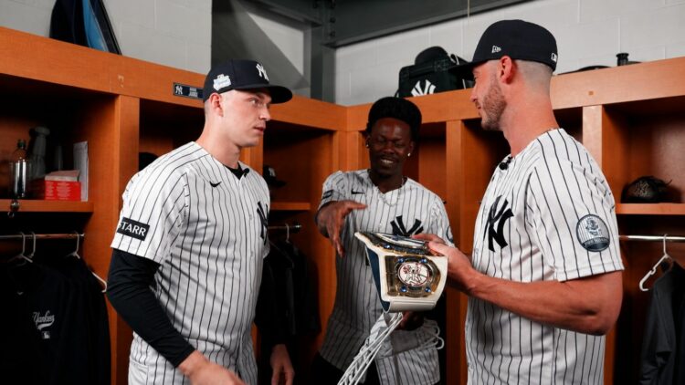 Ben Rice, Jazz Chisholm, and Cody Bellinger in the locker room after the Yankees' 6-1 rout of the Red Sox in New York, June 7, 2026.