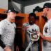 Ben Rivce, Jazz Chisholm, and Cody Bellinger in the clubhouse after the Yankees' 6-1 rout of the Red Sox in New York, June 7, 2026.