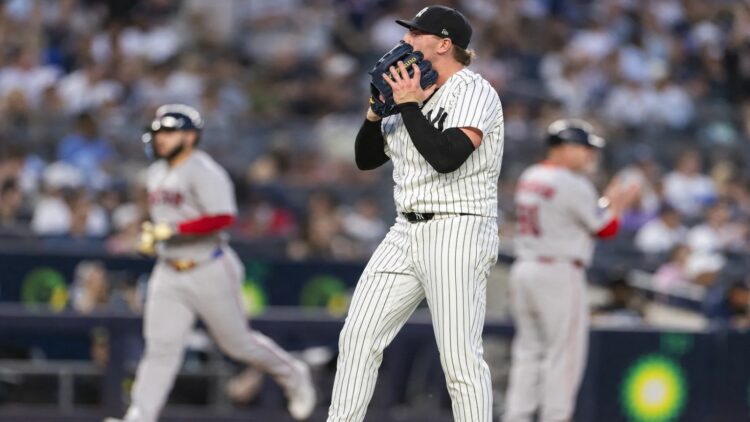 Ryan Weathers looks dejected on the mound after giving up a homer in the Yankees' 5-3 loss to the Red Sox on June 5, 2026.