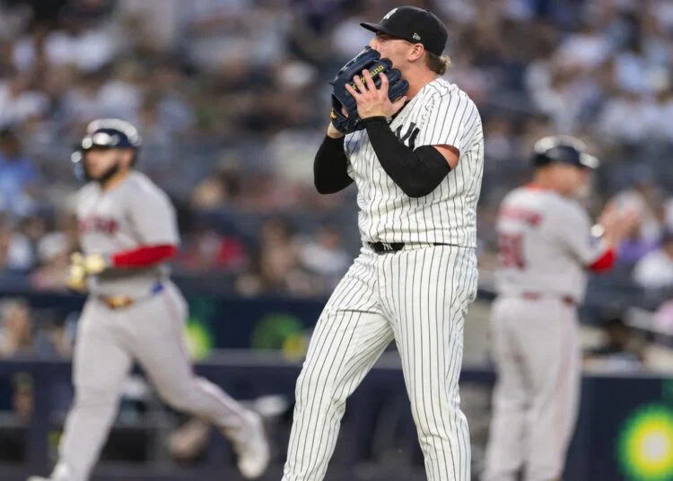 Ryan Weathers looks dejected on the mound after giving up a homer in the Yankees' 5-3 loss to the Red Sox on June 5, 2026.