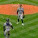 The ball fell between Cam Schlittler and Austin Wells in the second in the Yankees' 6-3 loss to the Red Sox, Boston, Jun 26, 2026.