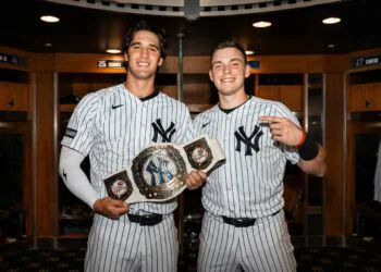 Spencer Jones and Ben Rice celebrate after the Yankees' 12-2 win over the White Sox, New York, Jun 16, 2026.