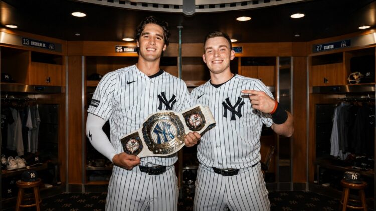 Spencer Jones and Ben Rice celebrate after the Yankees' 12-2 win over the White Sox, New York, Jun 16, 2026.
