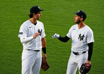 Spencer Jones and Cody Bellinger celebrate after the Yankees' 12-2 win over the White Sox, New York, Jun 16, 2026.