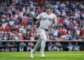 Spencer Jones gestures after hitting his first home run in the eight helped the Yankees' beat the Guardians 3-2 in Cleveland, June 9, 2026.