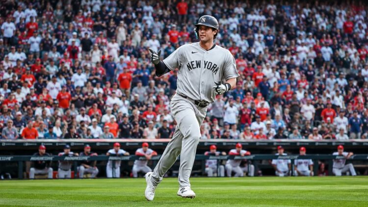 Spencer Jones gestures after hitting his first home run in the eight helped the Yankees' beat the Guardians 3-2 in Cleveland, June 9, 2026.