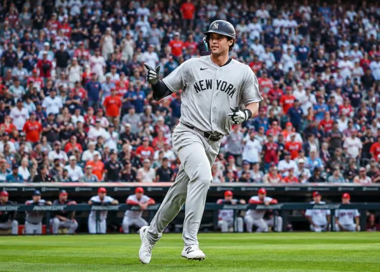 Spencer Jones gestures after hitting his first home run in the eight helped the Yankees' beat the Guardians 3-2 in Cleveland, June 9, 2026.