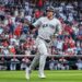 Spencer Jones gestures after hitting his first home run in the eight helped the Yankees' beat the Guardians 3-2 in Cleveland, June 9, 2026.