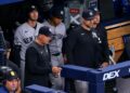 Aaron Boone and his team were watching the replay of Caballero caught stealing 2B in the sixth during the Yankees' 3-0 loss to the Rays in Tampa, July 8, 2026.