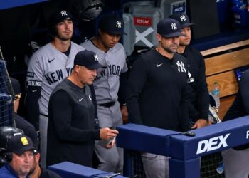 Aaron Boone and his team were watching the replay of Caballero caught stealing 2B in the sixth during the Yankees' 3-0 loss to the Rays in Tampa, July 8, 2026.