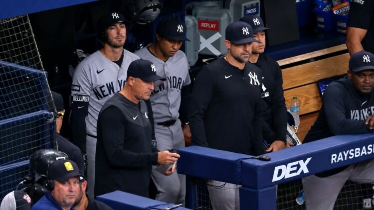 Aaron Boone and his team were watching the replay of Caballero caught stealing 2B in the sixth during the Yankees' 3-0 loss to the Rays in Tampa, July 8, 2026.