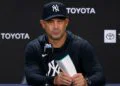 Aaron Boone speaks in defense of Camilo Doval at the press conference after the Yankees' 6-1 loss to the Twins in New York, July 5, 2026.