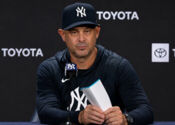 Aaron Boone speaks in defense of Camilo Doval at the press conference after the Yankees' 6-1 loss to the Twins in New York, July 5, 2026.
